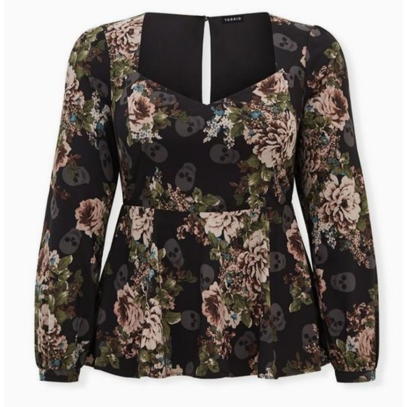 TORRID Black Skulls & Floral Sweetheart Kneck Peplum Crepe Top! NWT! - Picture 7 of 9